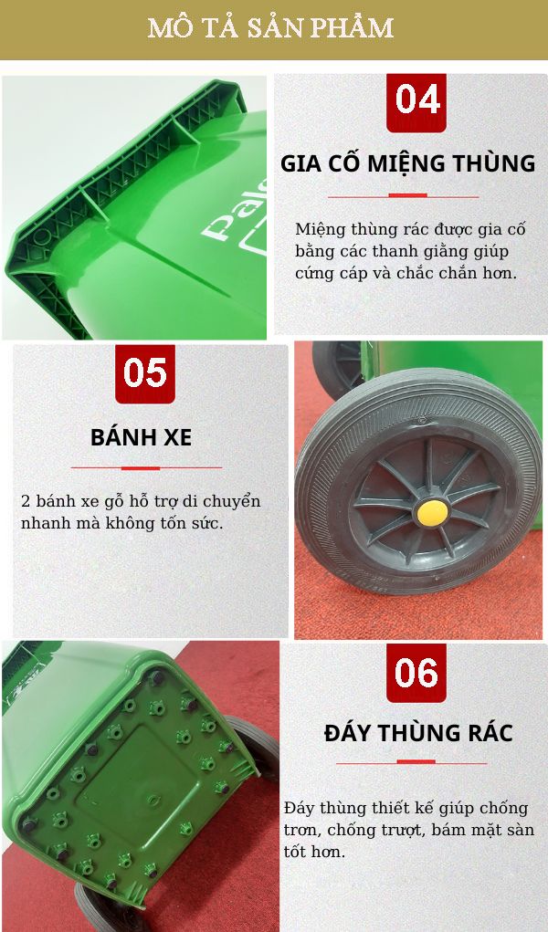 Chi tiết thùng rác nhựa 120 lít nắp đẩy