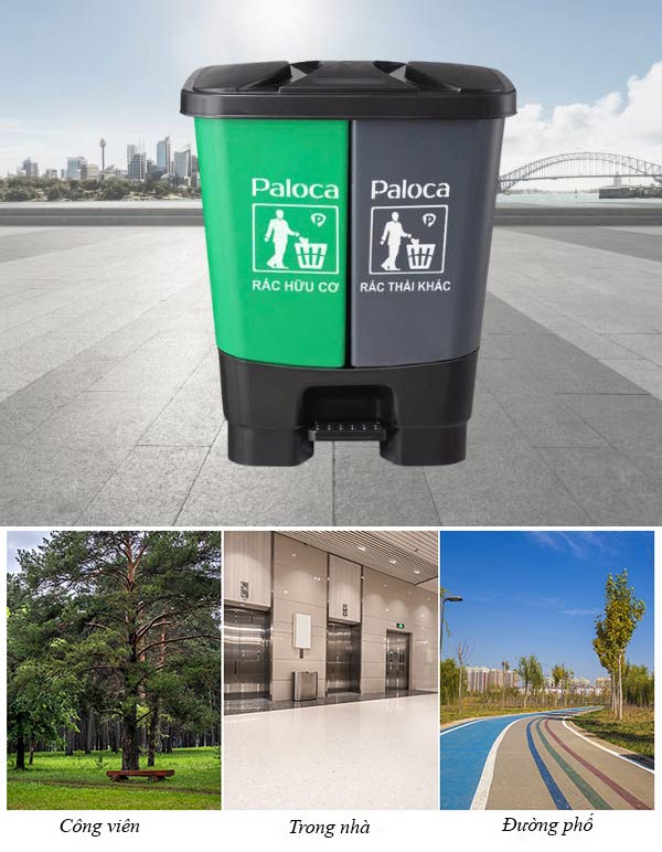 Mẫu thùng rác 2 ngăn phù hợp sử dụng trong nhà, ngoài trời