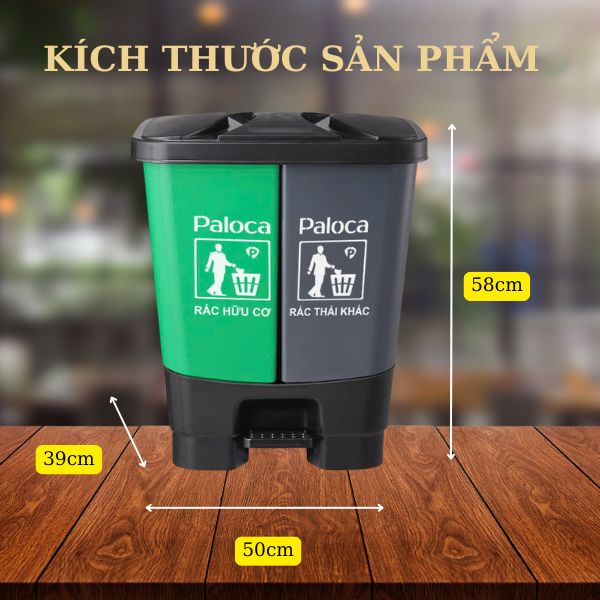 Chi tiết kích thước thùng rác 2 ngăn 60 lít