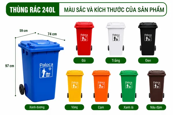 Tham khảo bảng màu sắc và kích thước thùng rác 240L