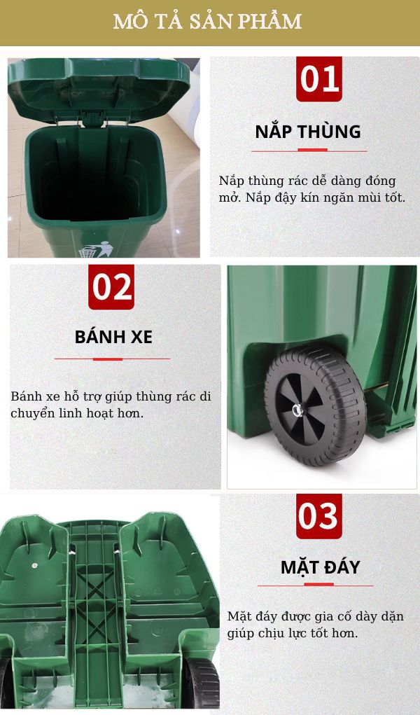 Các đặc điểm cấu thành thùng rác nhựa 70l có bánh xe đạp chân