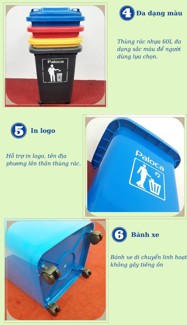 Thùng rác HDPE 60 lít và các đặc điểm