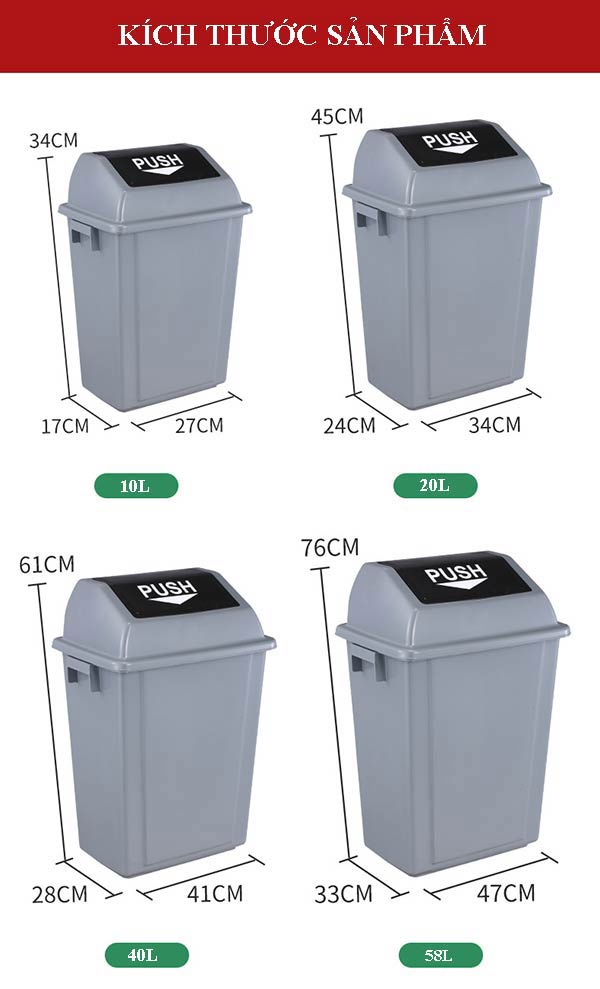 Kích thước cụ thể của từng mẫu thùng rác nhựa nắp lật bập bênh