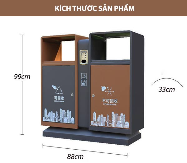 Chi tiết kích thước thùng rác 2 ngăn gạt tàn ngoài trời
