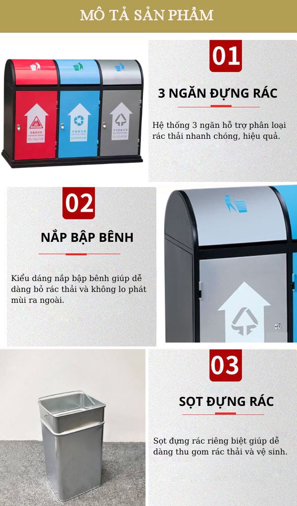 Đặc điểm cấu tạo của mẫu thùng rác 3 ngăn đường phố