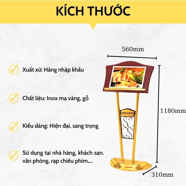 Chi tiết kích thước bảng menu inox vàng 
