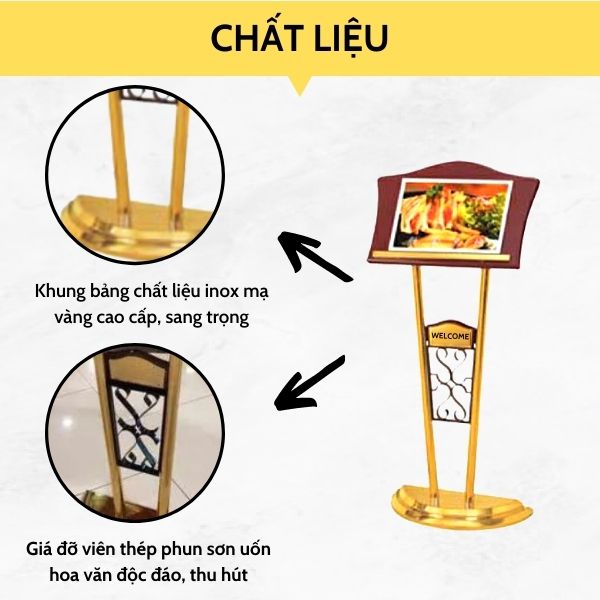 Bảng chào nhà hàng chất liệu inox vàng kết hợp thép phun sơn cao cấp