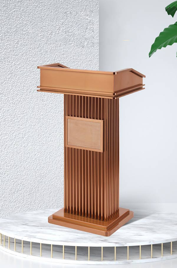 Mẫu bục phát biểu inox mạ vàng hồng dùng cho hội nghị sang trọng