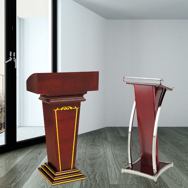 Bục phát biểu gỗ trang trí inox vàng - hình 5