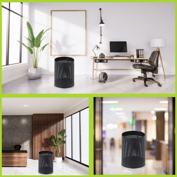 Sọt rác văn phòng thép sơn đen viền inox trắng - hình 4