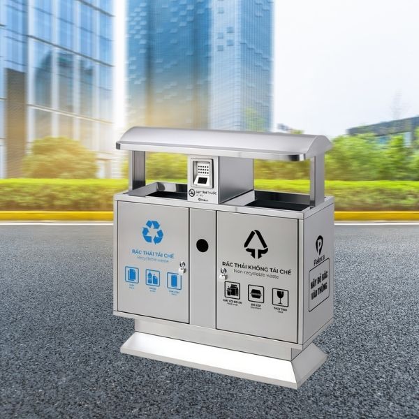 Thùng rác công viên inox 2 ngăn - hình 2