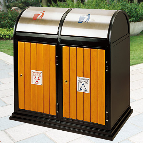Thùng rác gỗ 2 ngăn khung thép nắp lật - hình 5