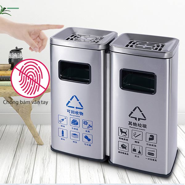 Thùng rác inox 2 ngăn có gạt tàn - hình 4
