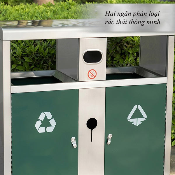Thùng rác inox 2 ngăn có mái che - hình 5