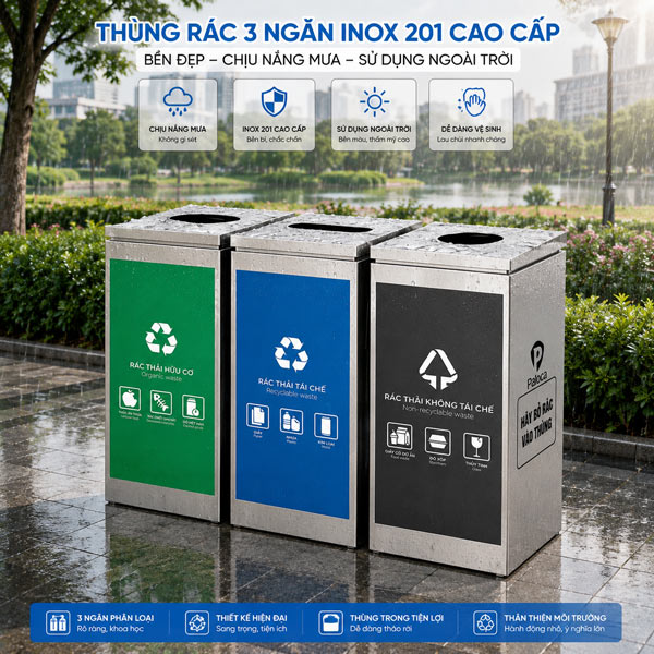 Thùng rác inox 3 ngăn ngoài trời - hình 4