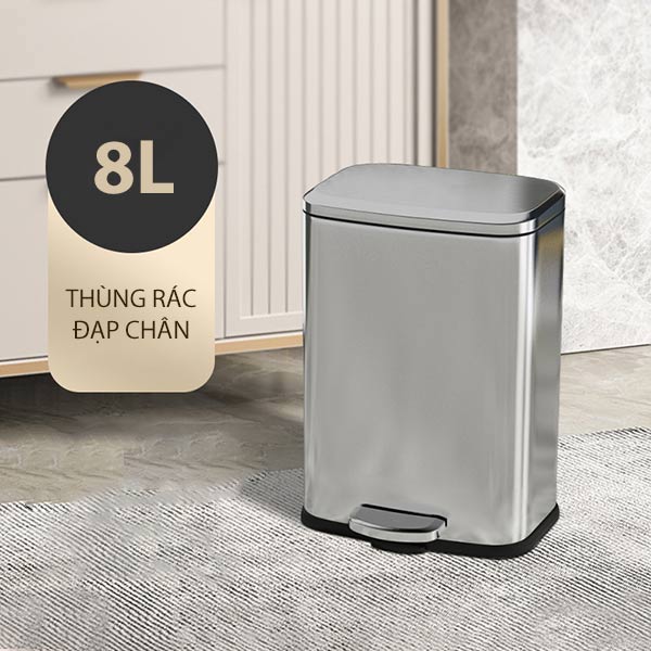 Thùng rác inox đạp chân vuông 8L - hình 2