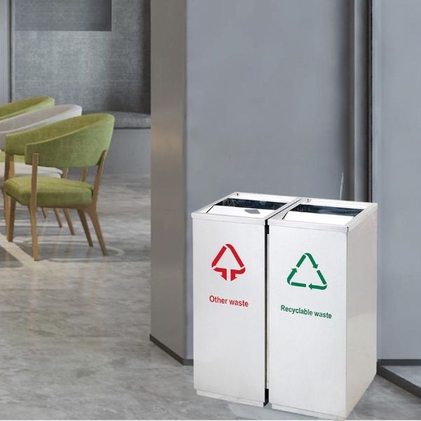 Thùng rác inox đôi ngoài trời nắp bập bênh - hình 4