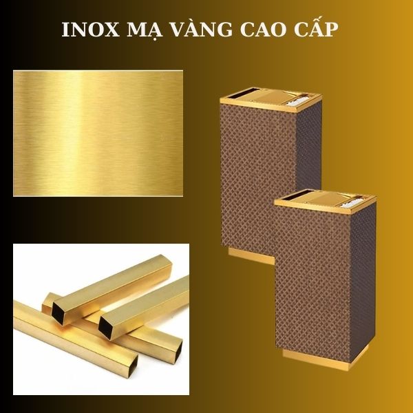 Thùng rác inox vàng bọc giả da vân caro - hình 4