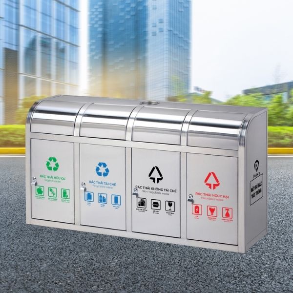 Thùng rác inox nắp đẩy 4 ngăn - hình 2
