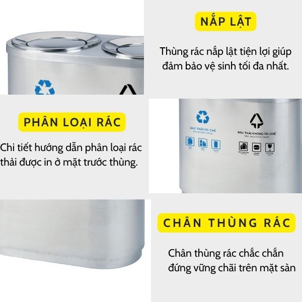 Thùng rác inox nắp lật phân loại 2 ngăn - hình 5