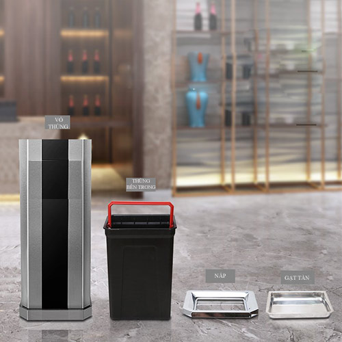 Thùng rác inox chữ nhật sọc đen trắng - hình 3