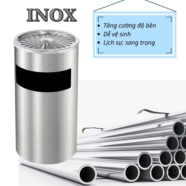Thùng rác inox tròn có gạt tàn cỡ đại - hình 5