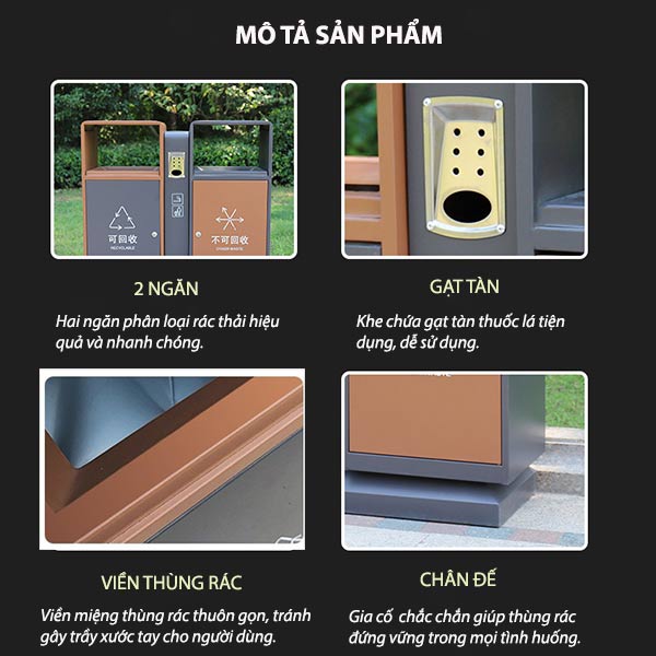 Thùng rác sơn màu 2 ngăn có gạt tàn - hình 5