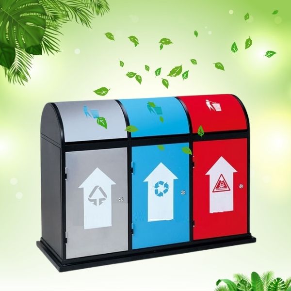 Thùng rác thép ngoài đường 3 ngăn - hình 5