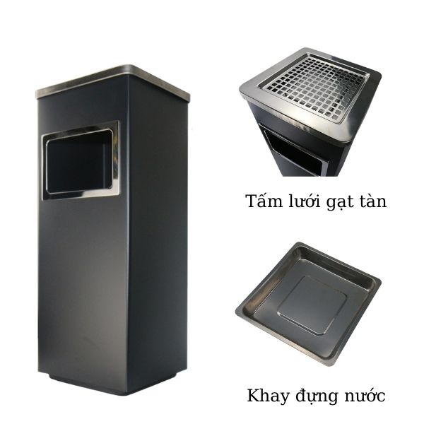 Thùng rác thép sơn tĩnh điện vuông nắp gạt tàn inox - hình 2