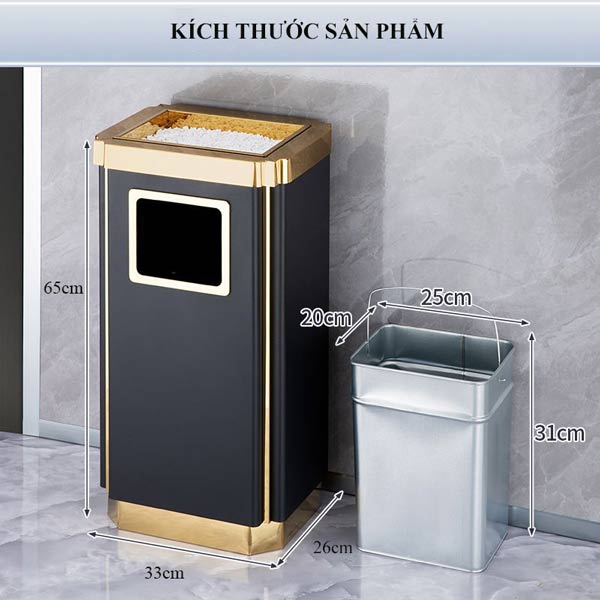 Thùng rác thép sơn đen viền vàng chữ nhật - hình 3