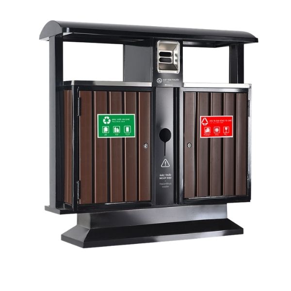 Thùng rác thép sơn giả gỗ hai ngăn - hình 6