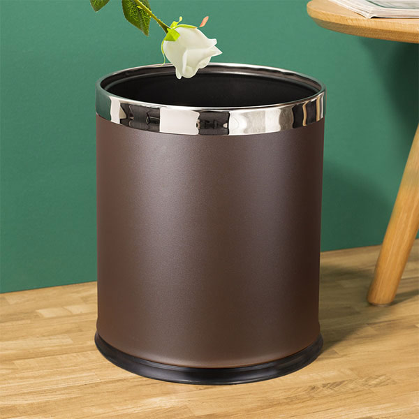 Thùng rác thép sơn tĩnh điện nâu viền inox trắng - hình 2