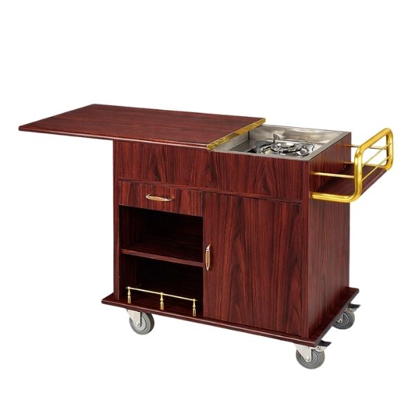 Xe đẩy bàn bếp gỗ viền inox vàng - hình 6