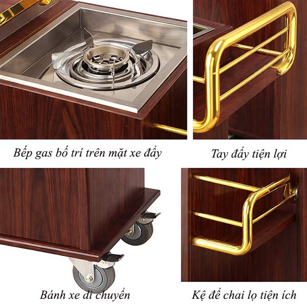 Xe đẩy bàn bếp gỗ viền inox vàng - hình 4