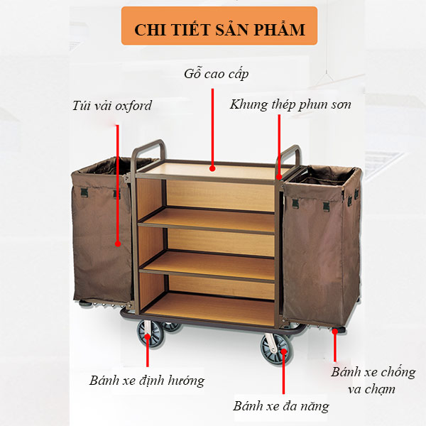 Xe đẩy dọn phòng 3 tầng ngăn gỗ - hình 4