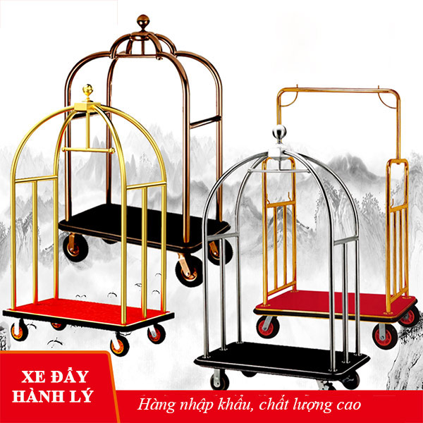 Xe đẩy hành lý inox mạ vàng - hình 4