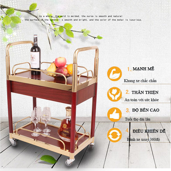 Xe đẩy rượu bằng gỗ 2 tầng - hình 2
