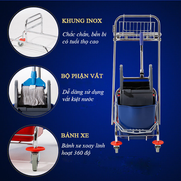 Xe vắt nước 2 xô 34L khung inox - hình 5
