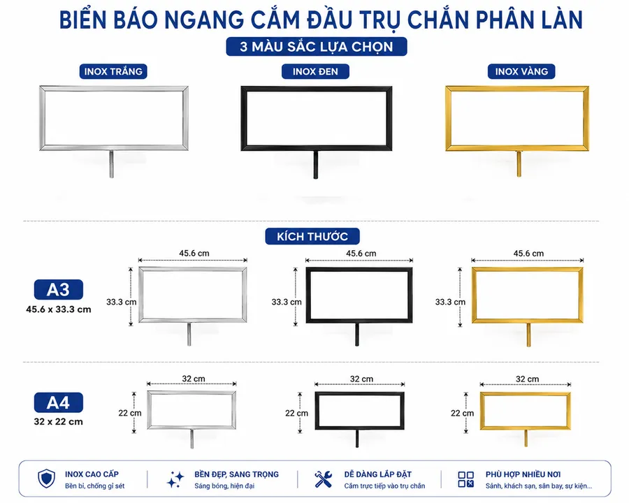 Kích thước bảng thông báo A3 A4 loại ngang gắn đầu cột chắn dây chùng