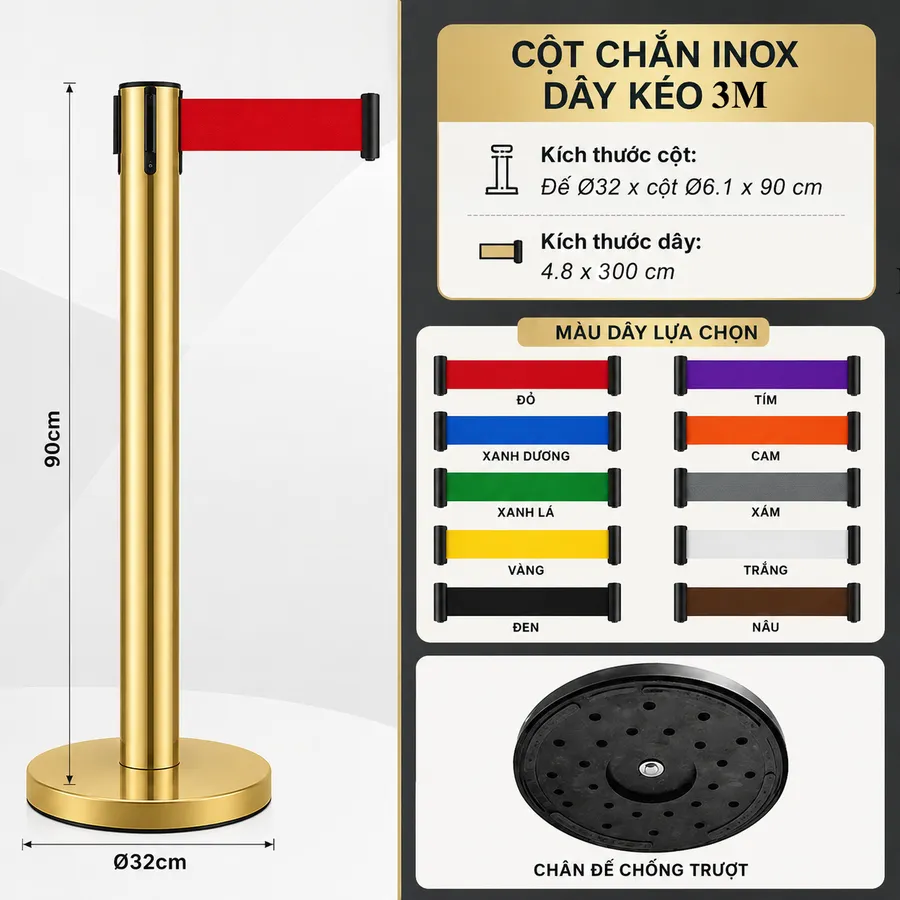 Kích thước cột chắn inox vàng dây kéo 3m