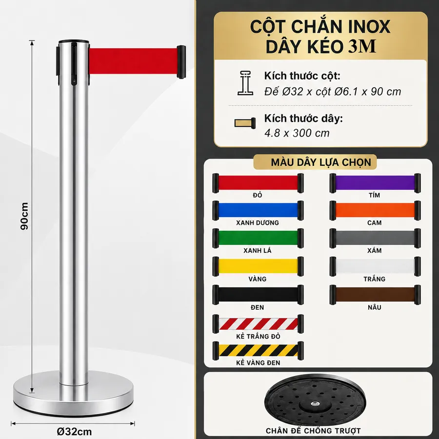 Kích thước cột chắn inox trắng dây kéo 3m