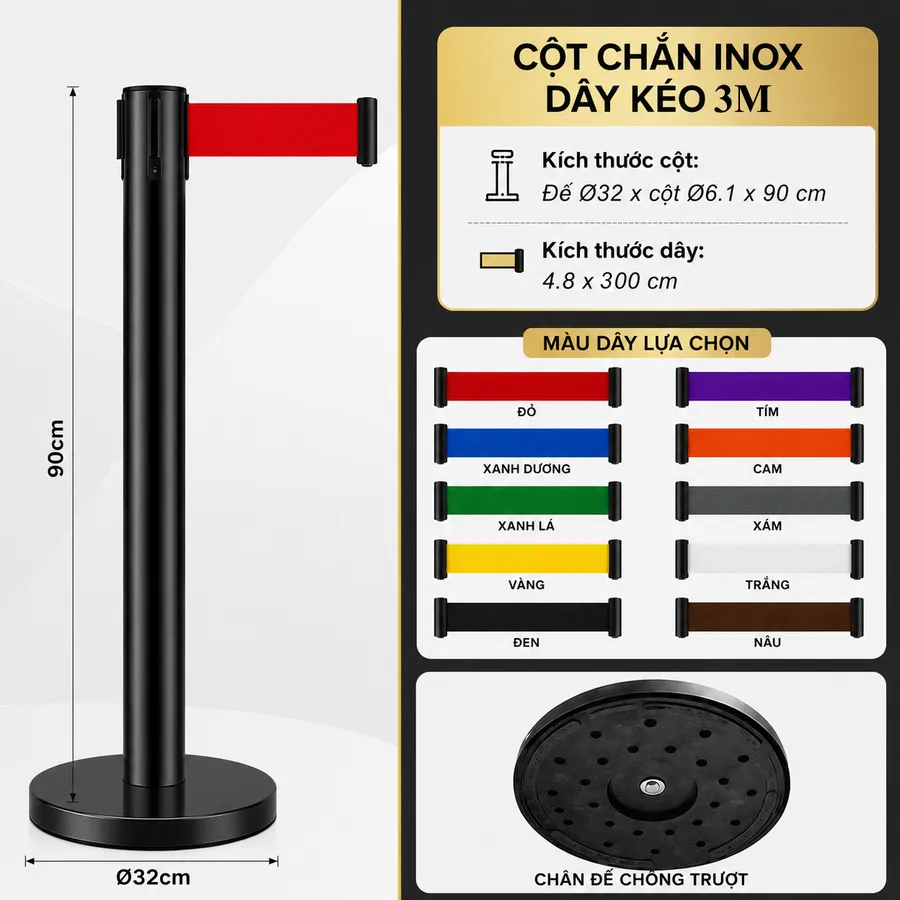 Kích thước cột chắn inox đen dây kéo 3m