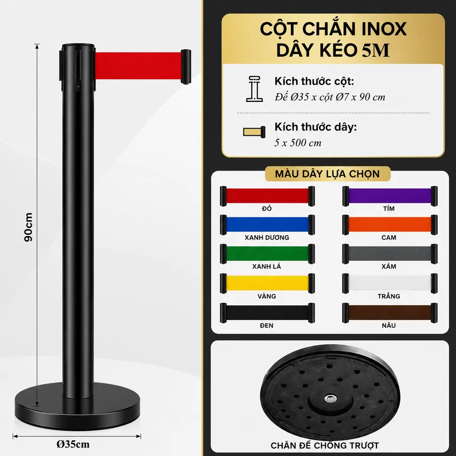 Thông số kích thước cột chắn inox đen loại dây kéo căng 5m