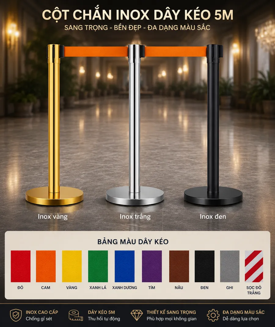 Cột chắn inox dây kéo 5m thương hiệu Paloca
