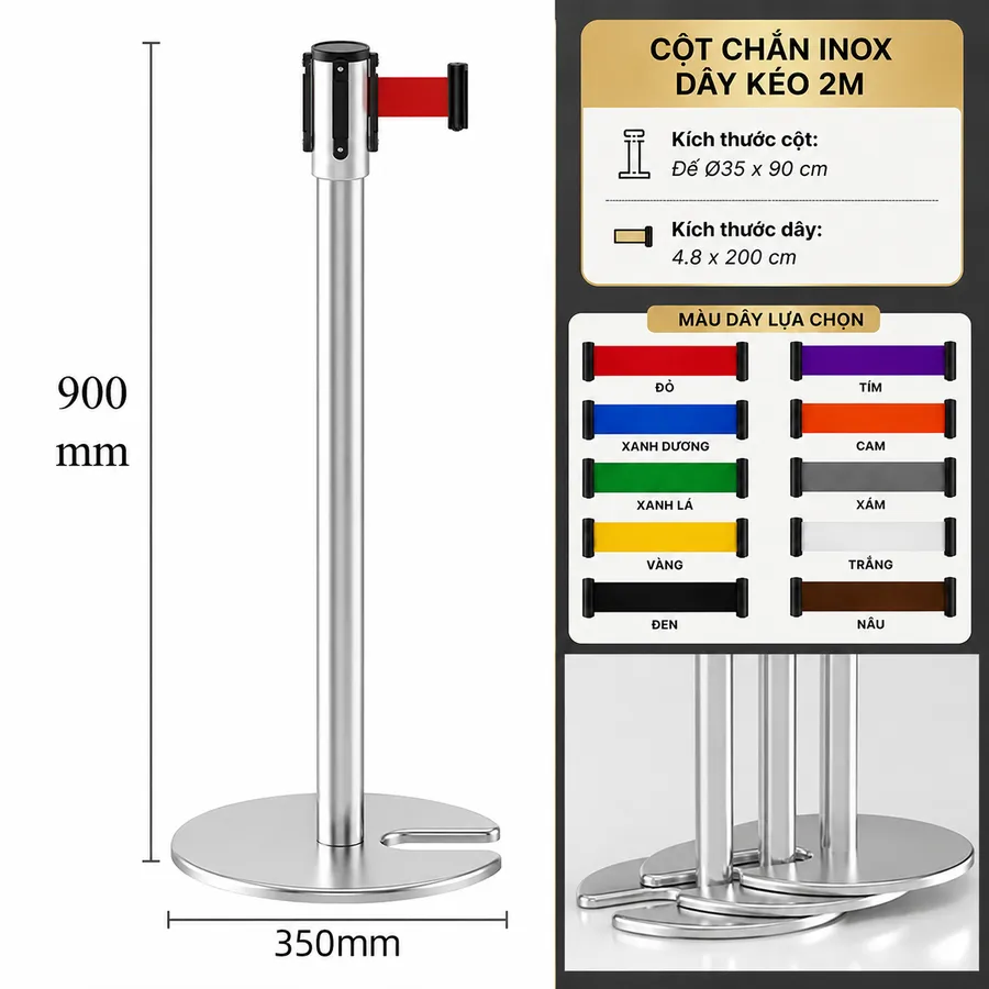Cột chắn inox trắng chân đế chữ U 2m Paloca