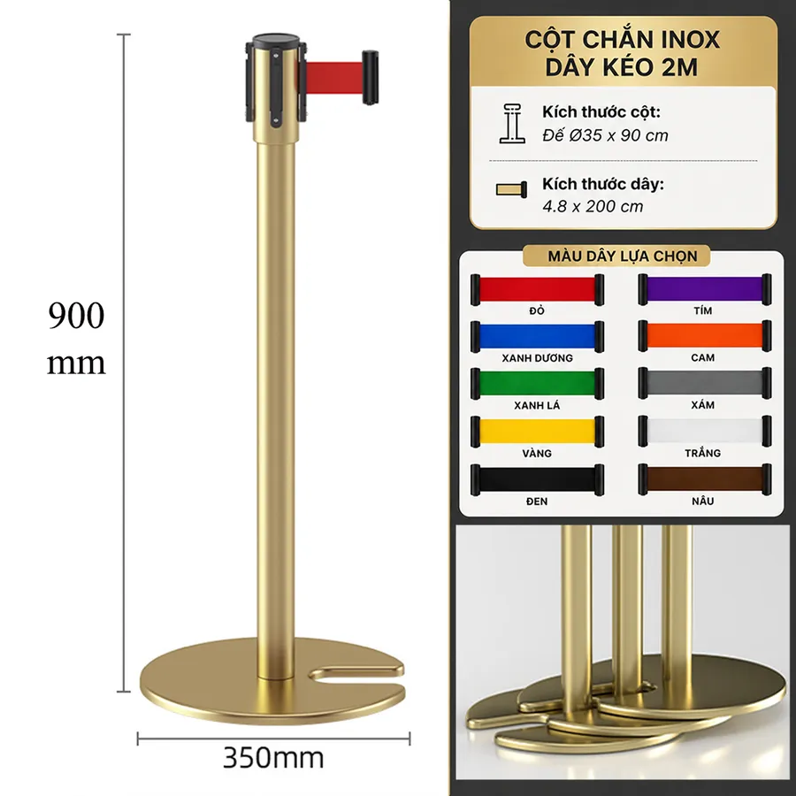 Cột chắn inox vàng chân đế chữ U 2m Paloca