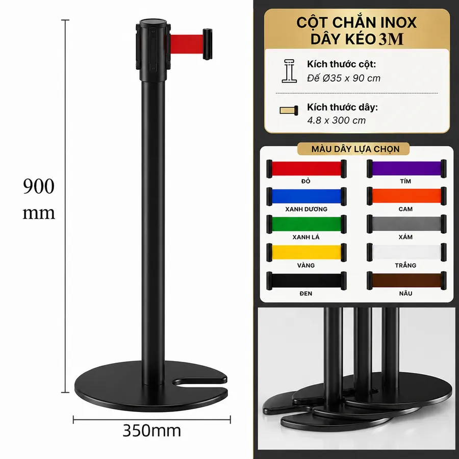 Kích thước cột chắn inox đen đế chữ U 3m Paloca