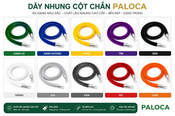 Bộ bảng màu dây nhung cột chắn đầu inox trắng/ vàng dài 1.5m