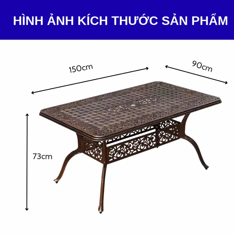 Chi tiết kích thước bàn chữ nhật ngoài trời bằng nhôm đúc