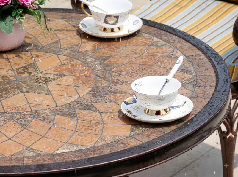 Mặt bàn họa tiết đẹp và bền bỉ chịu được nắng mưa
